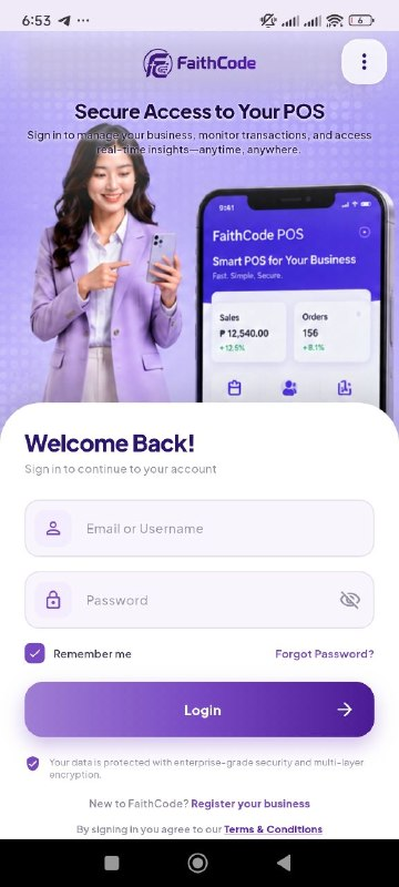 FaithCode POS mobile login screen