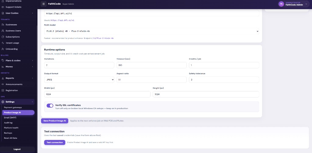 Save Product Image AI and Test connection at the bottom of the settings page